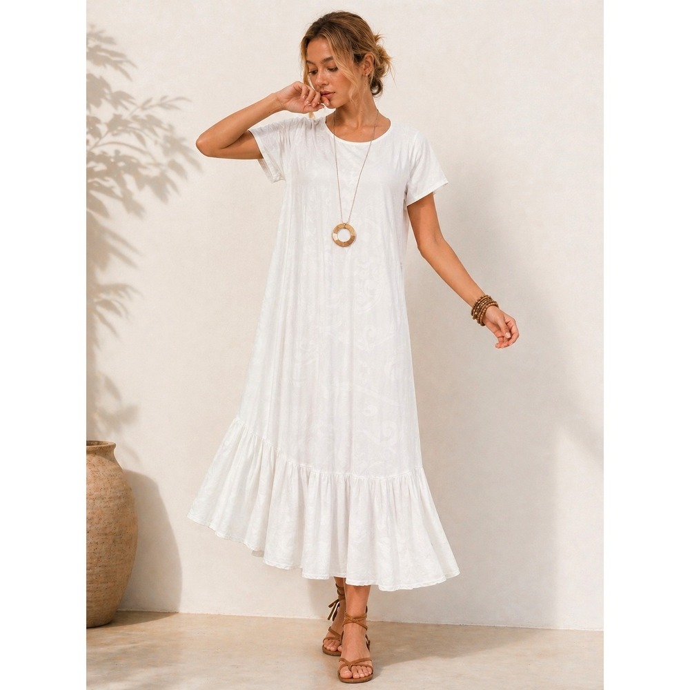White Burnout Paisley Maxi Hawaiian Dress Short Sleeve Ruffle Hem Beach Resort